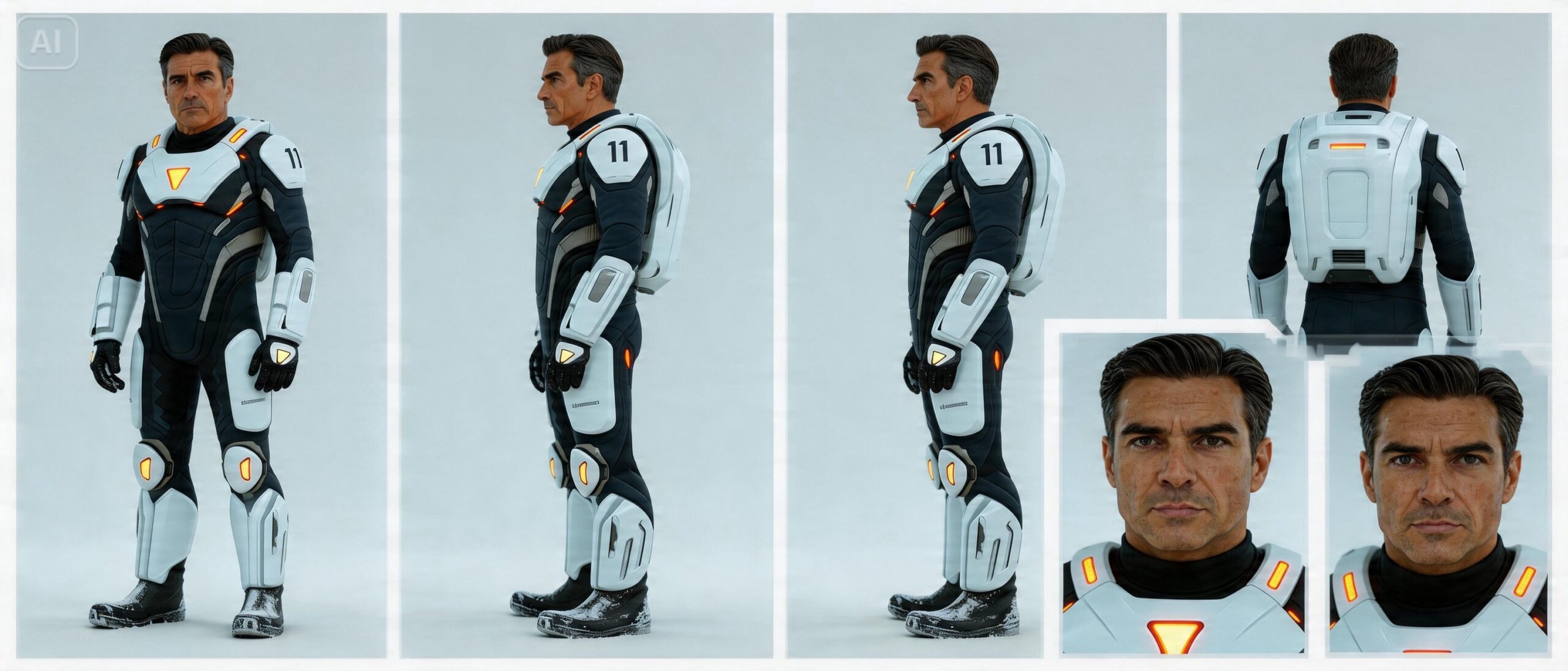 Create a professional character reference sheet based strictly on the uploaded reference image. Use a clean, neutral plain background and present the sheet as a technical model turnaround while matching the exact realistic visual style of the reference. Arrange the composition into two horizontal rows. Top row: four full-body standing views – front, left profile, right profile, back. Bottom row: three close-up portraits – front, left profile, right profile. Maintain perfect identity consistency across every panel. Keep the subject in a relaxed A-pose with consistent scale and alignment, accurate anatomy, and clear silhouette. Lighting should be consistent across all panels. Output a crisp, ultra-realistic, print-ready reference sheet.
